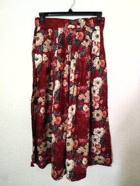 Vintage Herman Geist Size 12 100% Rayon Red With Flowers Pleated Skirt